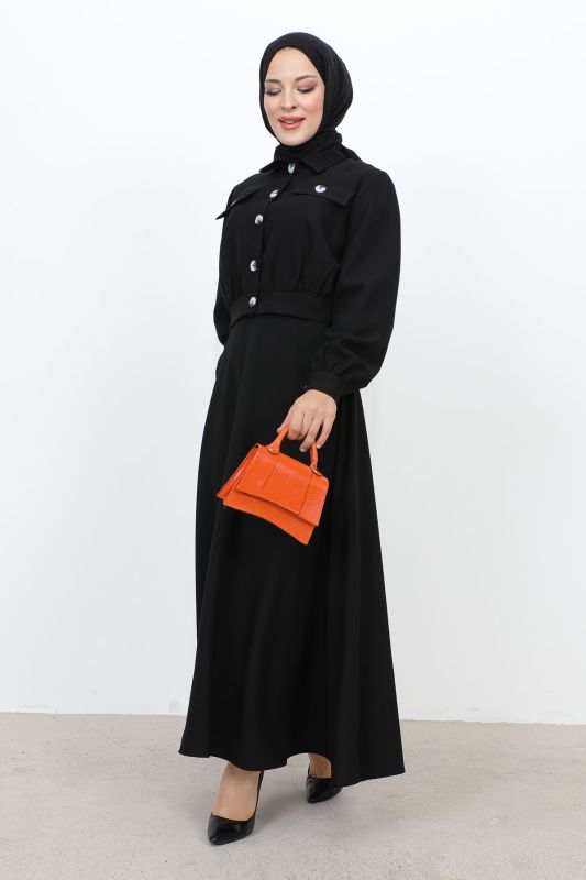 Beli Büzgülü Cepli Etekli Takım TSD231201 Siyah - 4