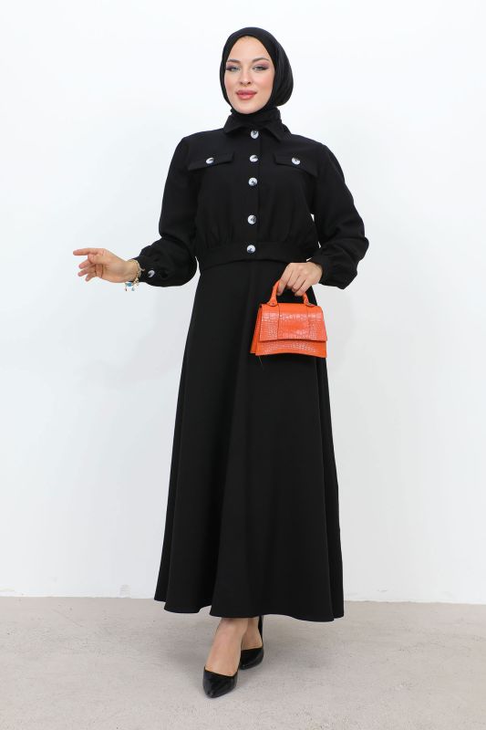 Beli Büzgülü Cepli Etekli Takım TSD231201 Siyah - 1