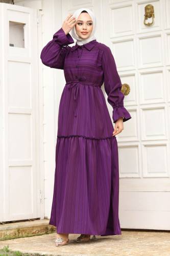 Beli Büzgülü Eteği Fırfır Detaylı Elbise TSD240240 Mor - 3