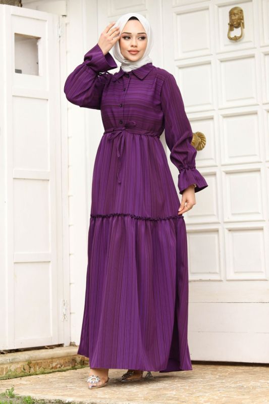 Beli Büzgülü Eteği Fırfır Detaylı Elbise TSD240240 Mor - 3
