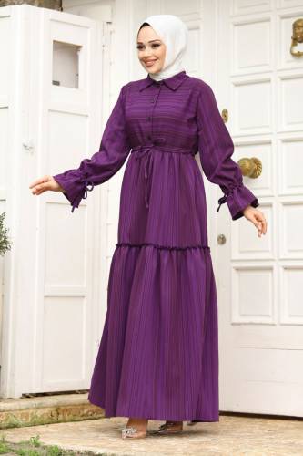 Beli Büzgülü Eteği Fırfır Detaylı Elbise TSD240240 Mor - 1