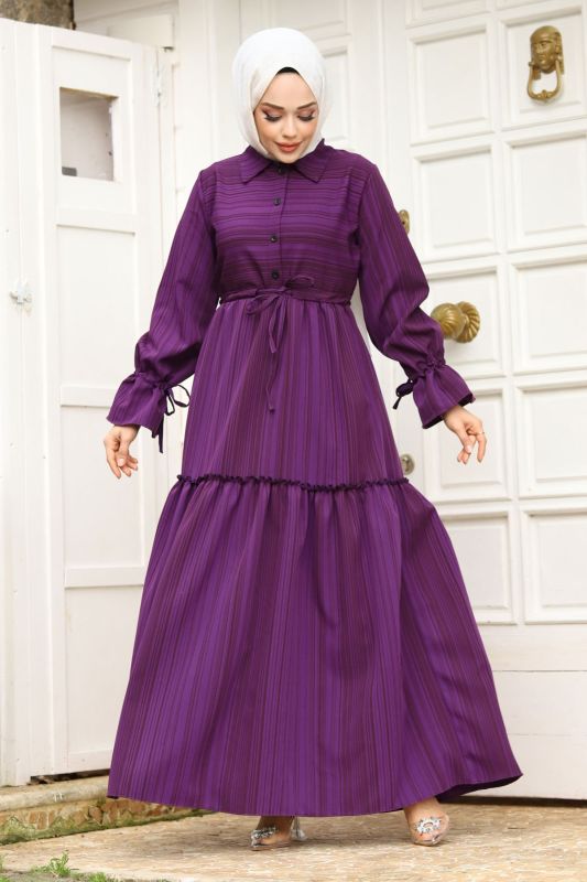 Beli Büzgülü Eteği Fırfır Detaylı Elbise TSD240240 Mor - 4