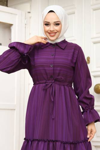 Beli Büzgülü Eteği Fırfır Detaylı Elbise TSD240240 Mor - 2