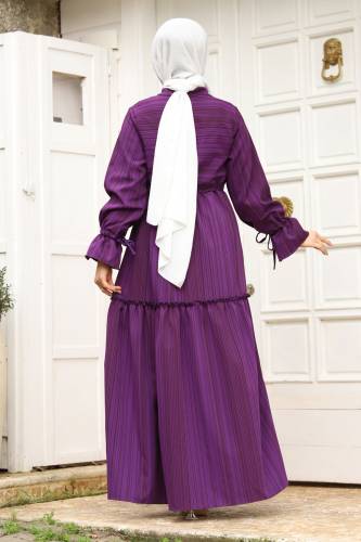 Beli Büzgülü Eteği Fırfır Detaylı Elbise TSD240240 Mor - 5