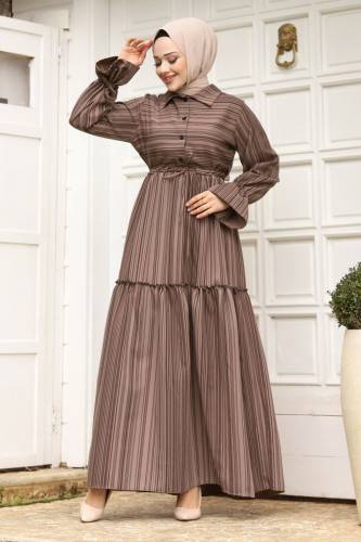 Beli Büzgülü Eteği Fırfır Detaylı Elbise TSD240240 Vizon 