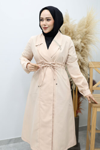 Beli Büzgülü Fermuar Detaylı Trençkot TSD260145 Bej - Tesettür Dünyası (1)