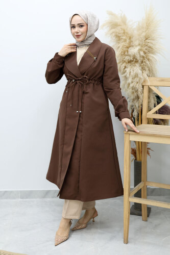Beli Büzgülü Fermuar Detaylı Trençkot TSD260145 Kahverengi - Tesettür Dünyası