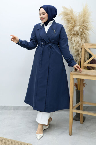 Beli Büzgülü Fermuar Detaylı Trençkot TSD260145 Lacivert - Tesettür Dünyası