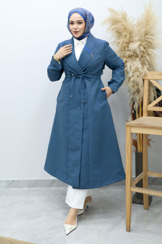 Beli Büzgülü Fermuar Detaylı Trençkot TSD260145 Mavi - Tesettür Dünyası