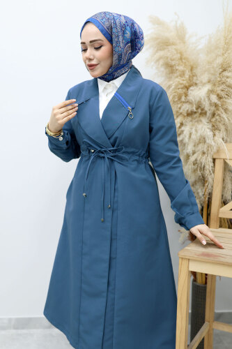 Beli Büzgülü Fermuar Detaylı Trençkot TSD260145 Mavi - Tesettür Dünyası (1)