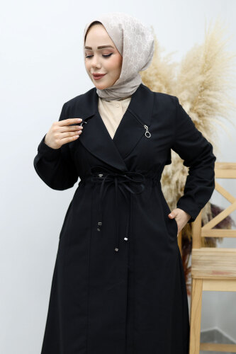 Beli Büzgülü Fermuar Detaylı Trençkot TSD260145 Siyah - Tesettür Dünyası (1)