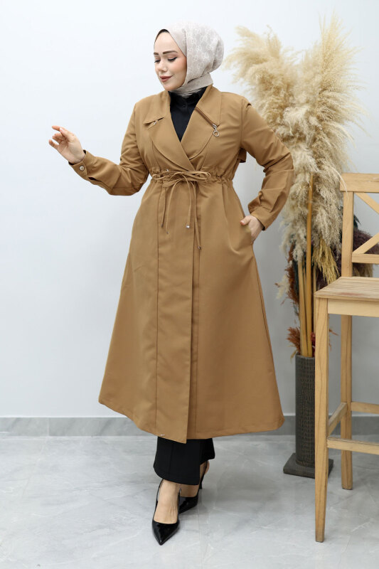 Beli Büzgülü Fermuar Detaylı Trençkot TSD260145 Taba - Tesettür Dünyası