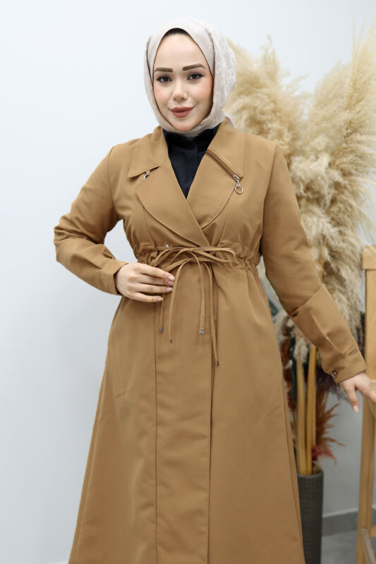 Beli Büzgülü Fermuar Detaylı Trençkot TSD260145 Taba - Tesettür Dünyası (1)