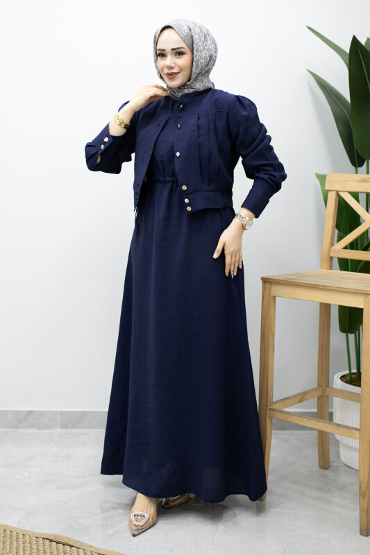 Beli Büzgülü Jile Elbise TSD260214 Lacivert - 3