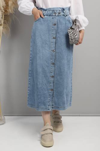 Beli Büzgülü Kot Etek TSD220628 Açık Mavi - 2