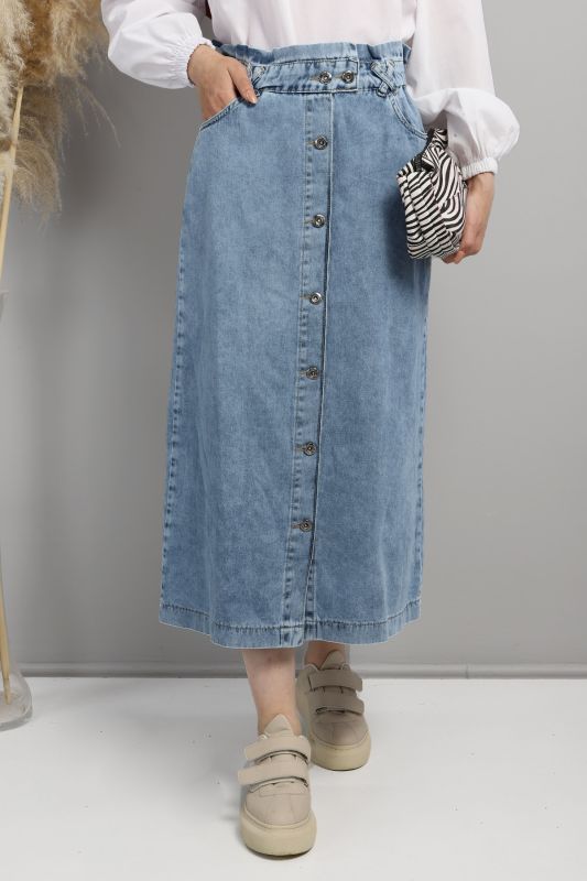 Beli Büzgülü Kot Etek TSD220628 Açık Mavi - 2