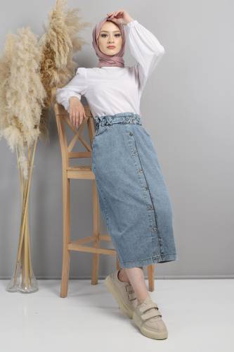 Beli Büzgülü Kot Etek TSD220628 Koyu Mavi 