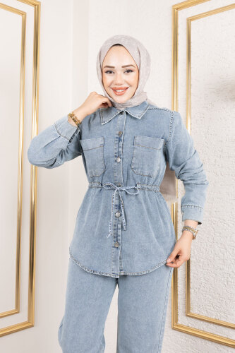 Beli Büzgülü Kot Takım TSD250186 Açık Mavi - 2