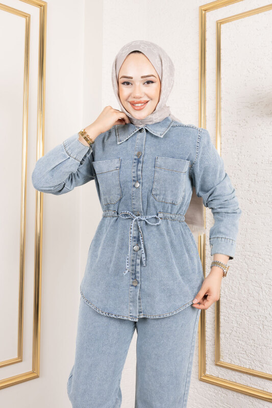 Beli Büzgülü Kot Takım TSD250186 Açık Mavi - 2