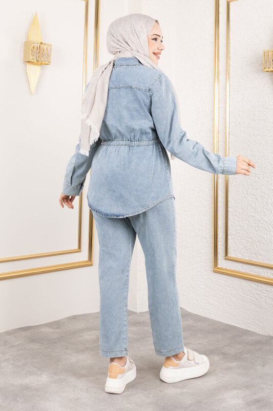 Beli Büzgülü Kot Takım TSD250186 Açık Mavi - 5