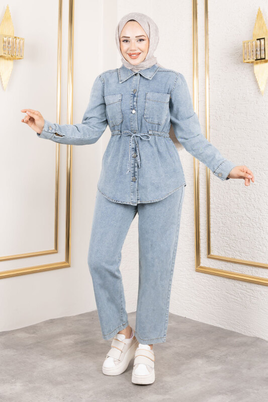 Beli Büzgülü Kot Takım TSD250186 Açık Mavi - 1