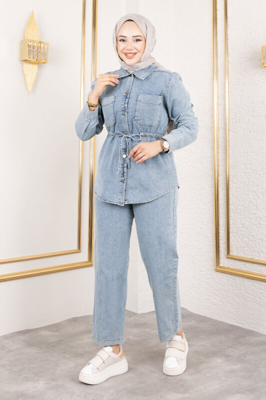 Beli Büzgülü Kot Takım TSD250186 Açık Mavi - 3