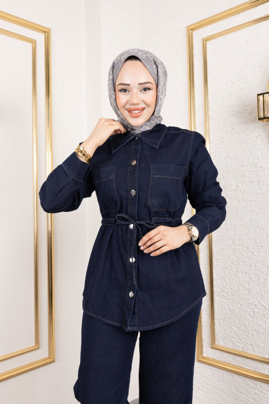 Beli Büzgülü Kot Takım TSD250186 Koyu Mavi - 2