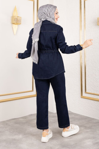 Beli Büzgülü Kot Takım TSD250186 Koyu Mavi - 5