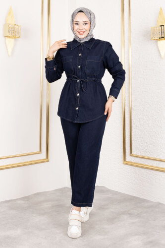 Beli Büzgülü Kot Takım TSD250186 Koyu Mavi 