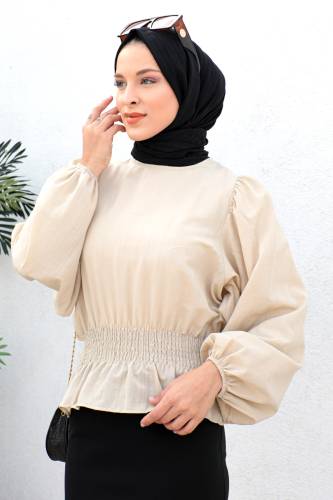 Beli Gipe Lastikli Bluz TSD221203 Bej - Tesettür Dünyası (1)