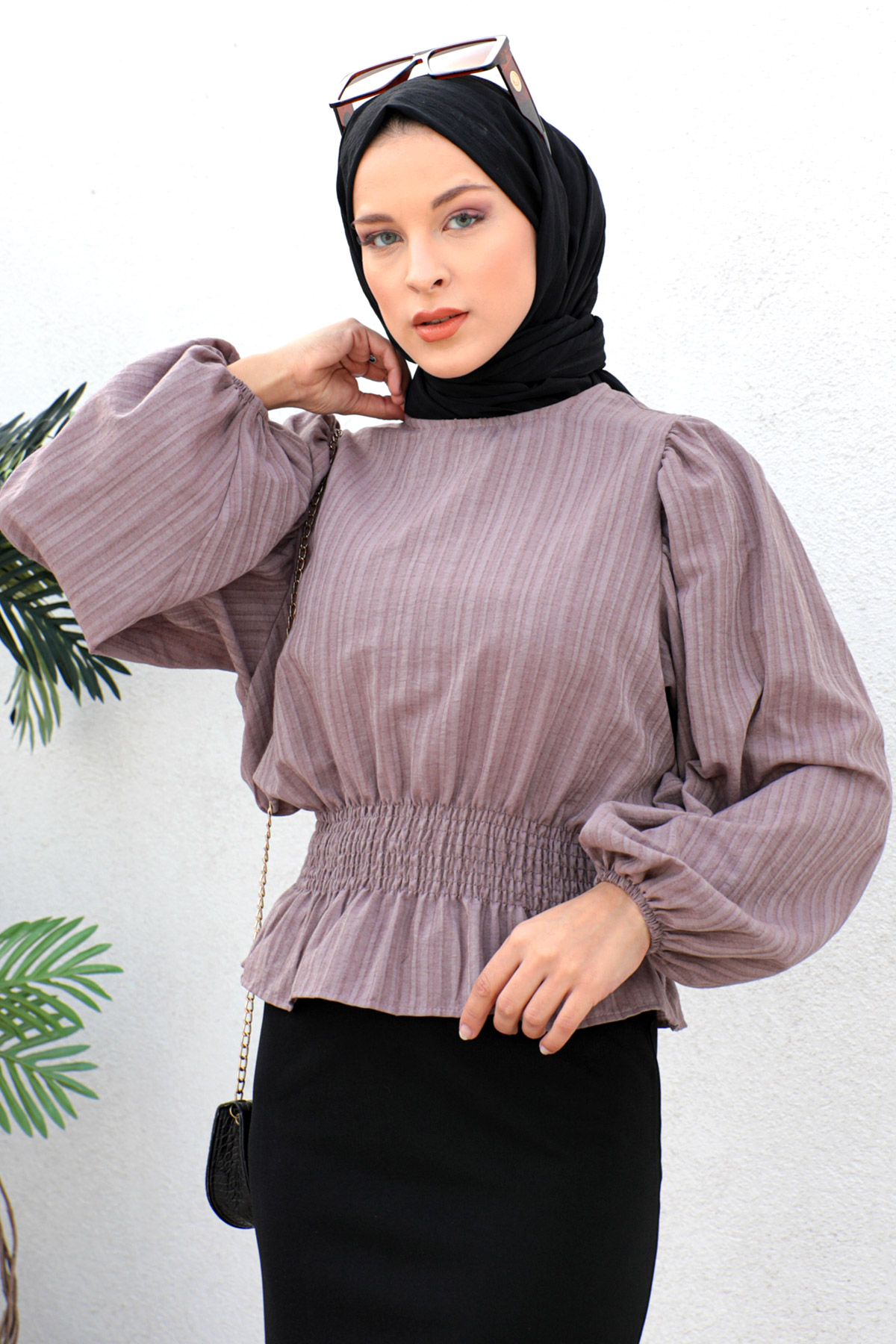 Tesettür Dünyası - Beli Gipe Lastikli Bluz TSD221203 Mor