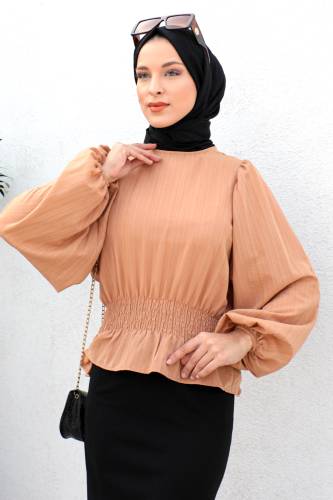 Beli Gipe Lastikli Bluz TSD221203 Taba - Tesettür Dünyası (1)