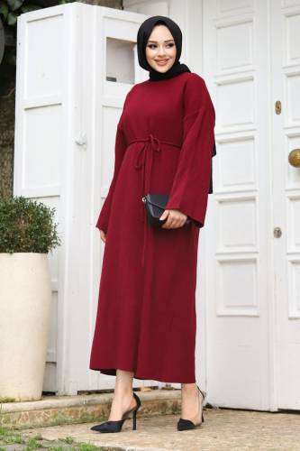 Beli İp Bağlamalı Triko Elbise TSD240213 Bordo 