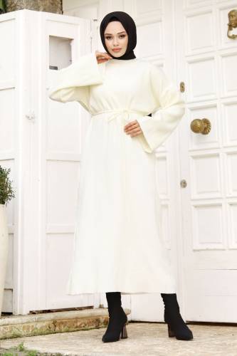 Beli İp Bağlamalı Triko Elbise TSD240213 Ekru 