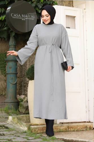 Beli İp Bağlamalı Triko Elbise TSD240213 Gri 