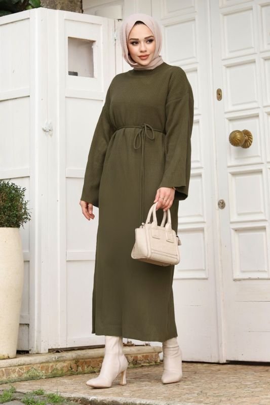 Beli İp Bağlamalı Triko Elbise TSD240213 Haki - 4