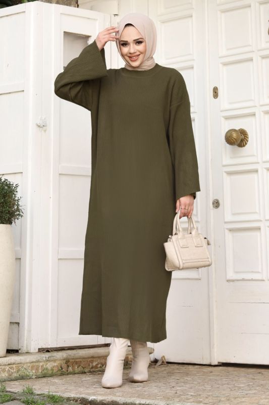 Beli İp Bağlamalı Triko Elbise TSD240213 Haki - 3