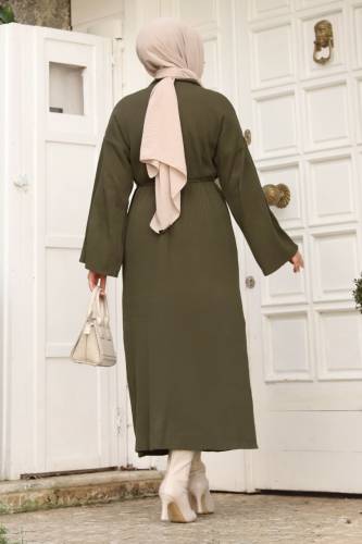 Beli İp Bağlamalı Triko Elbise TSD240213 Haki - 5