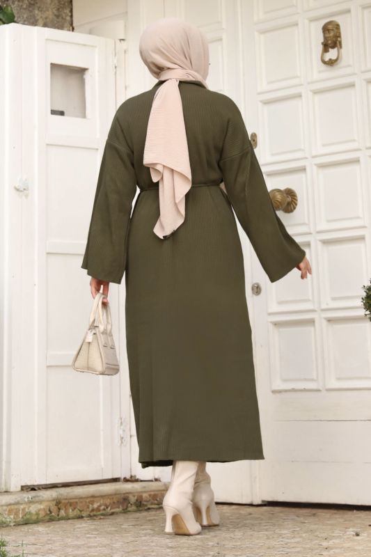 Beli İp Bağlamalı Triko Elbise TSD240213 Haki - 5