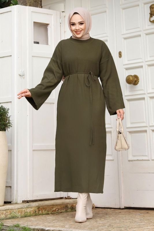 Beli İp Bağlamalı Triko Elbise TSD240213 Haki - 1