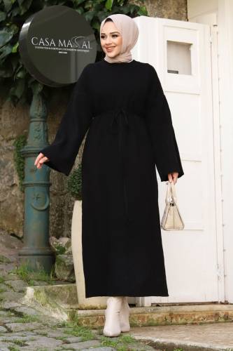 Beli İp Bağlamalı Triko Elbise TSD240213 Siyah 