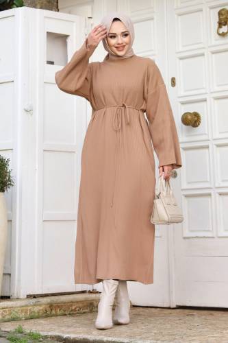 Beli İp Bağlamalı Triko Elbise TSD240213 Vizon 