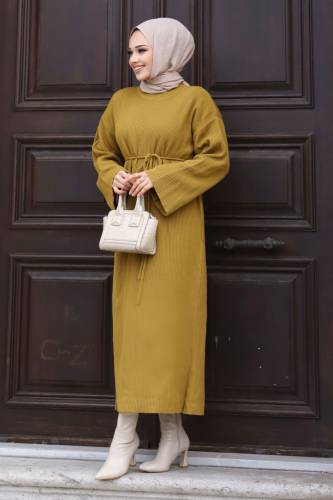 Beli İp Bağlamalı Triko Elbise TSD240213 Yağ Yeşili 