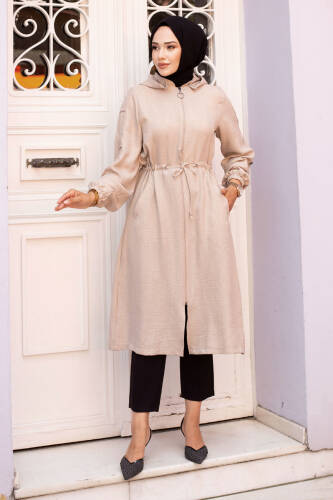 Beli İp Büzgülü Kapüşonlu Kap TSD240701 Bej - Tesettür Dünyası