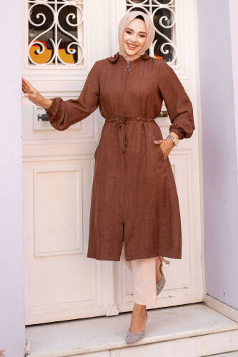 Beli İp Büzgülü Kapüşonlu Kap TSD240701 Kahverengi - 1