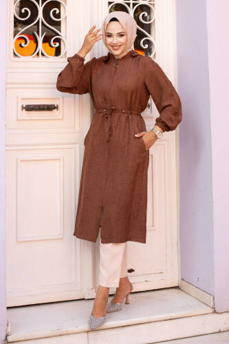 Beli İp Büzgülü Kapüşonlu Kap TSD240701 Kahverengi - 3