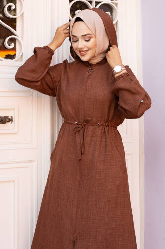 Beli İp Büzgülü Kapüşonlu Kap TSD240701 Kahverengi - 4