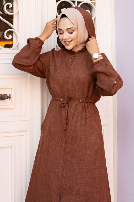 Beli İp Büzgülü Kapüşonlu Kap TSD240701 Kahverengi - 4