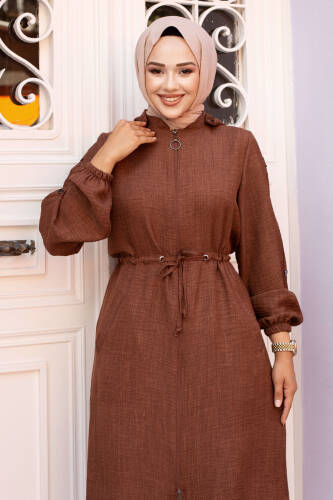 Beli İp Büzgülü Kapüşonlu Kap TSD240701 Kahverengi - 2