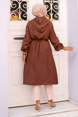 Beli İp Büzgülü Kapüşonlu Kap TSD240701 Kahverengi - 5